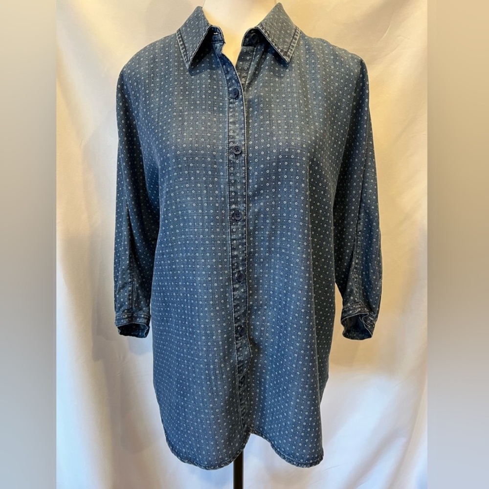 Coldwater Creek Womens Denim Blue w/ White Dot Print 3/4 Sleeve Top Size Medium‎